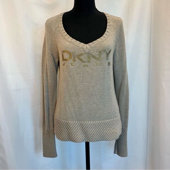 Dkny beige brown long sleeve V-neck metallic logo knit sweater Sz L - Picture 10 of 10